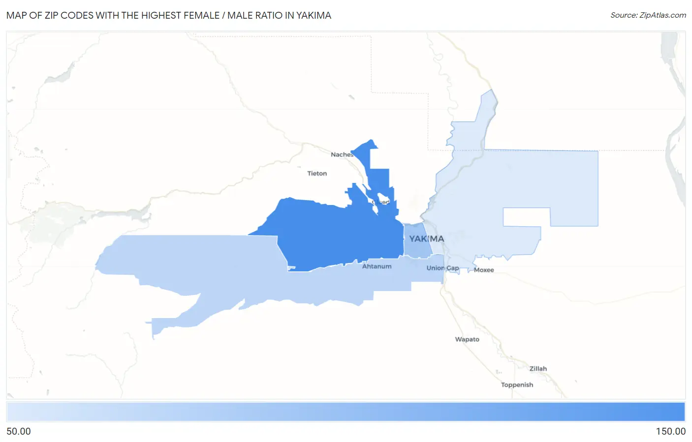 Zip Codes with the Highest Female / Male Ratio in Yakima Map