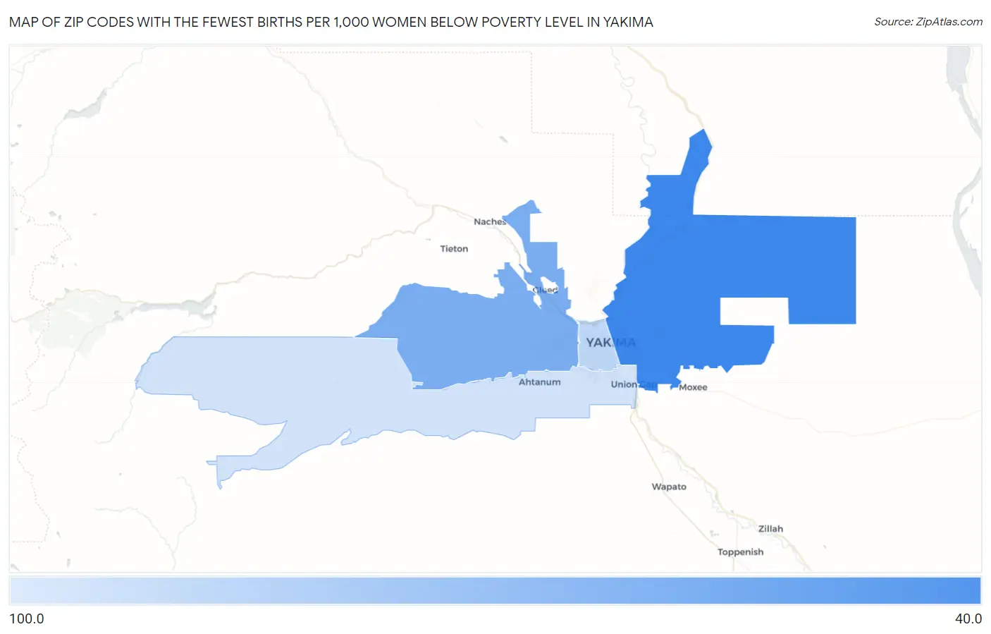 Zip Codes with the Fewest Births per 1,000 Women Below Poverty Level in Yakima Map