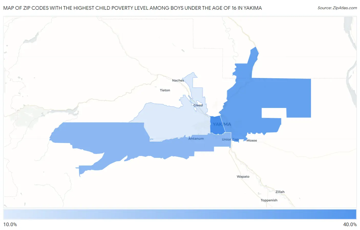 Zip Codes with the Highest Child Poverty Level Among Boys Under the Age of 16 in Yakima Map