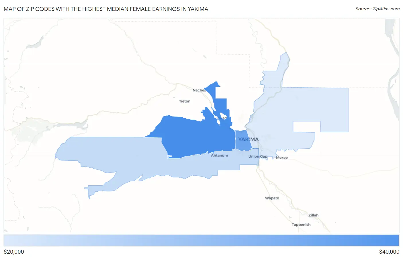 Zip Codes with the Highest Median Female Earnings in Yakima Map