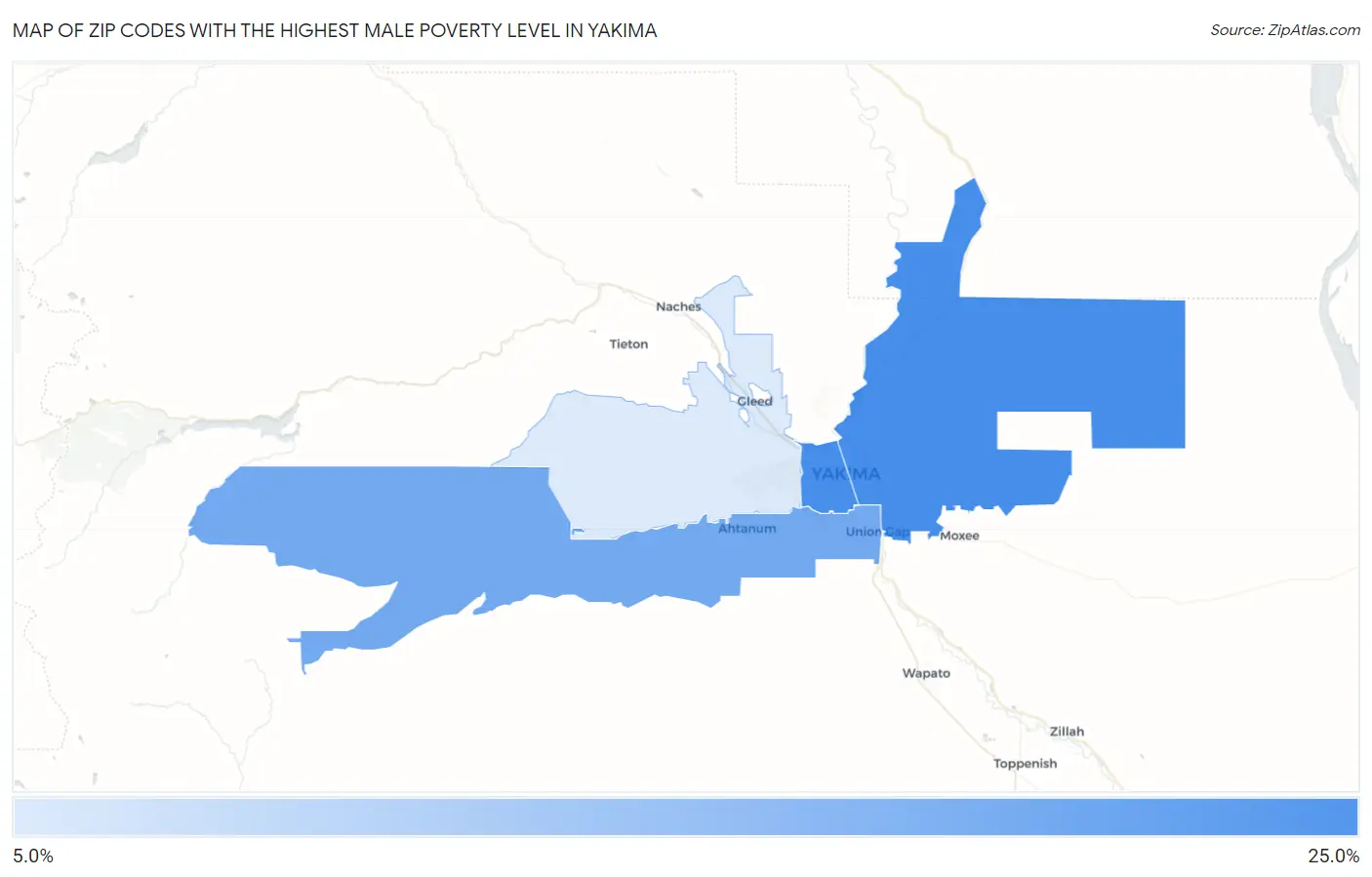 Zip Codes with the Highest Male Poverty Level in Yakima Map