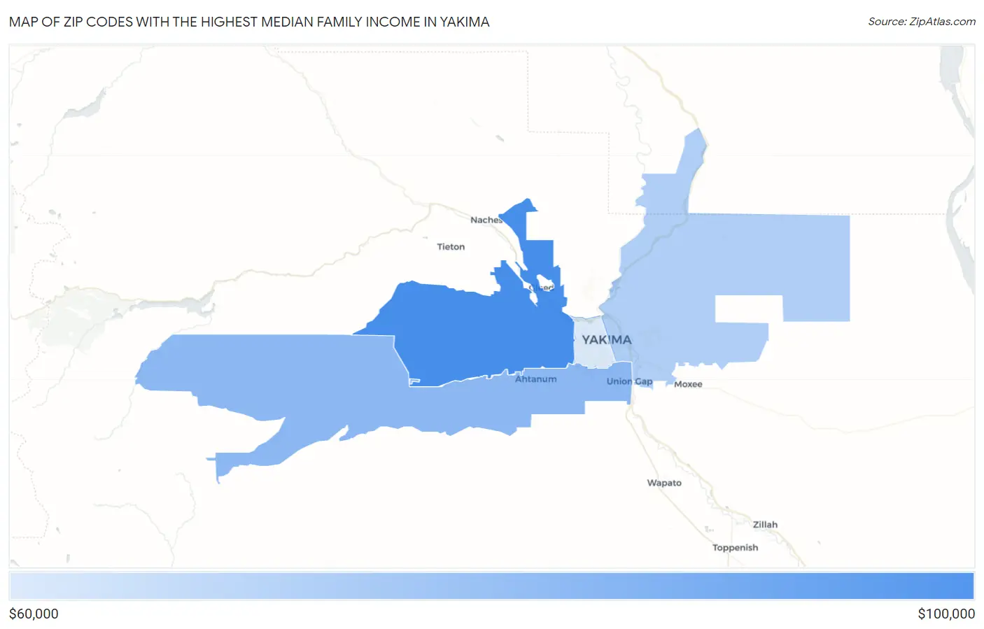 Zip Codes with the Highest Median Family Income in Yakima Map