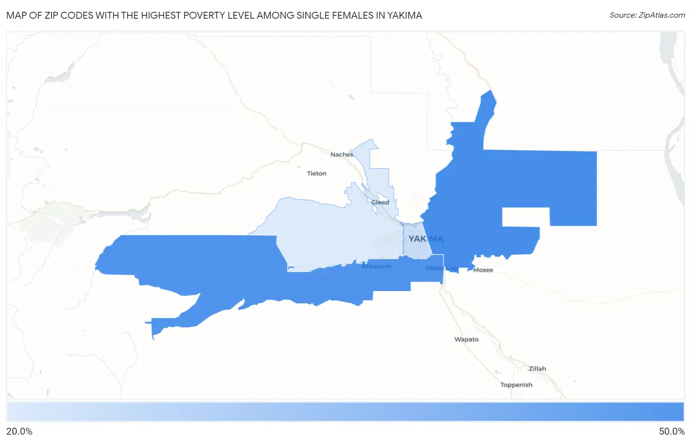 Zip Codes with the Highest Poverty Level Among Single Females in Yakima Map