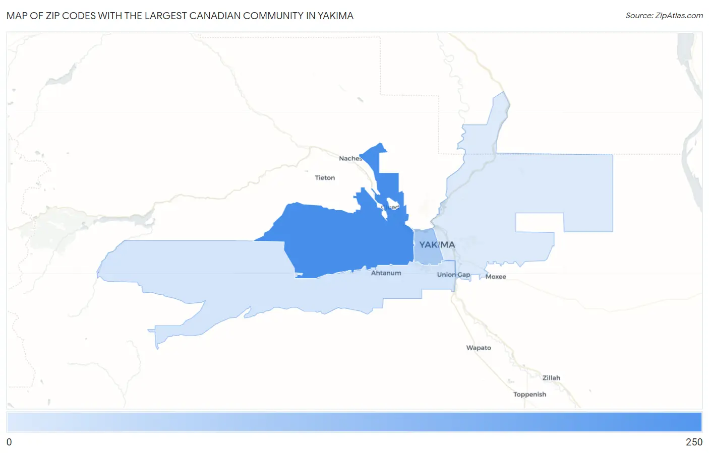 Zip Codes with the Largest Canadian Community in Yakima Map