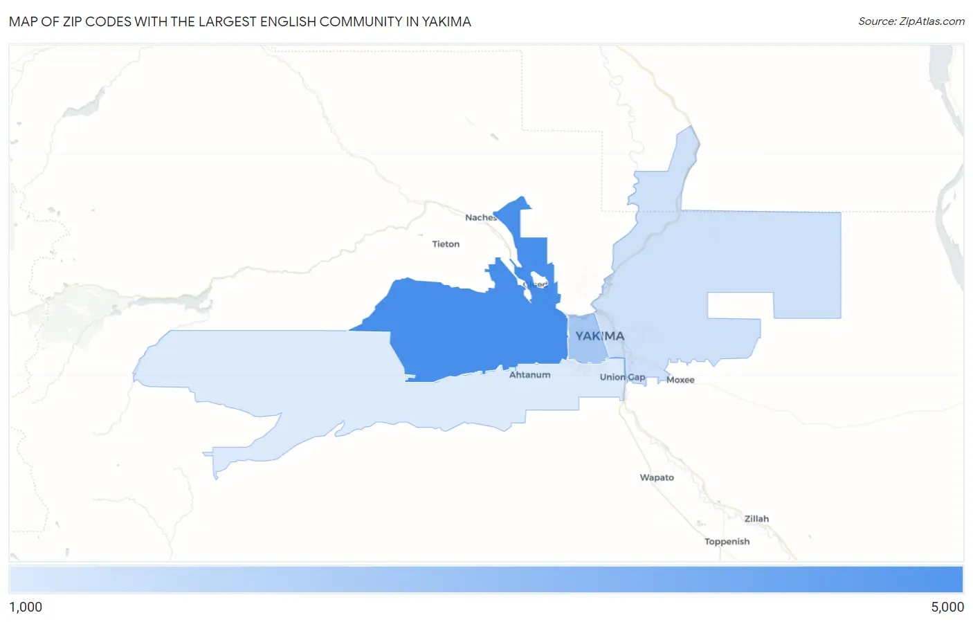 Zip Codes with the Largest English Community in Yakima Map