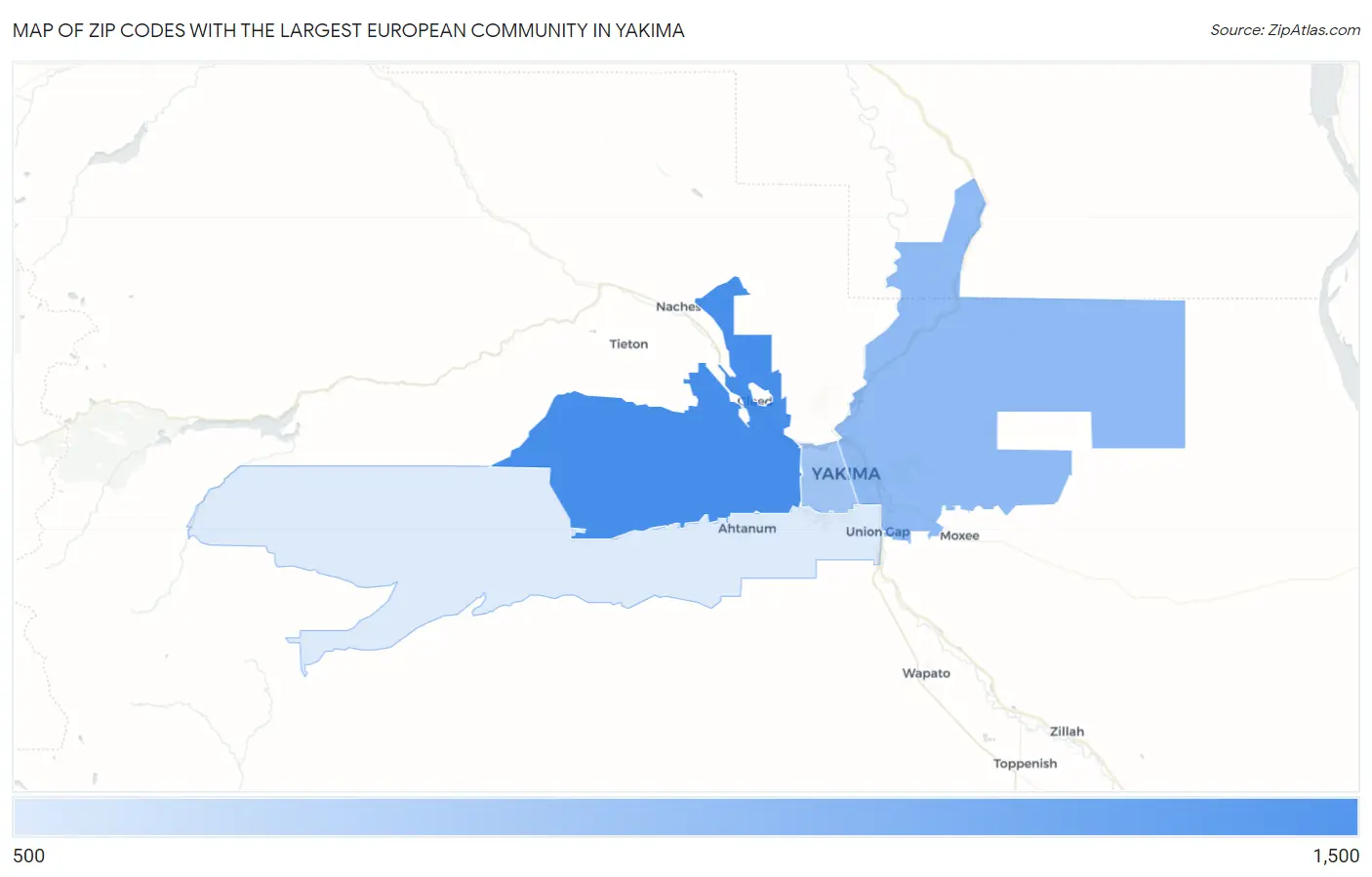 Zip Codes with the Largest European Community in Yakima Map