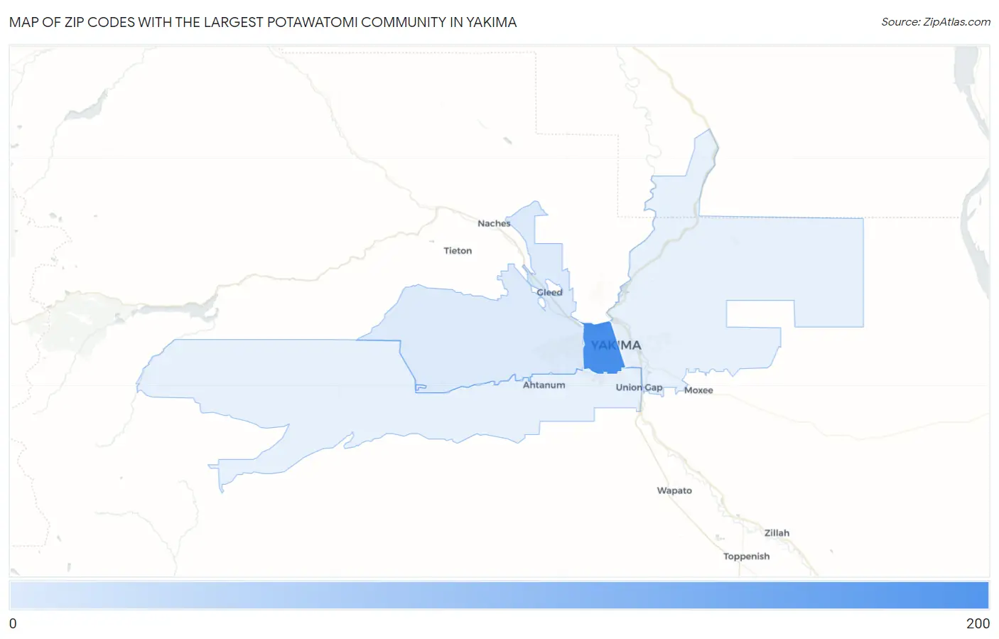 Zip Codes with the Largest Potawatomi Community in Yakima Map