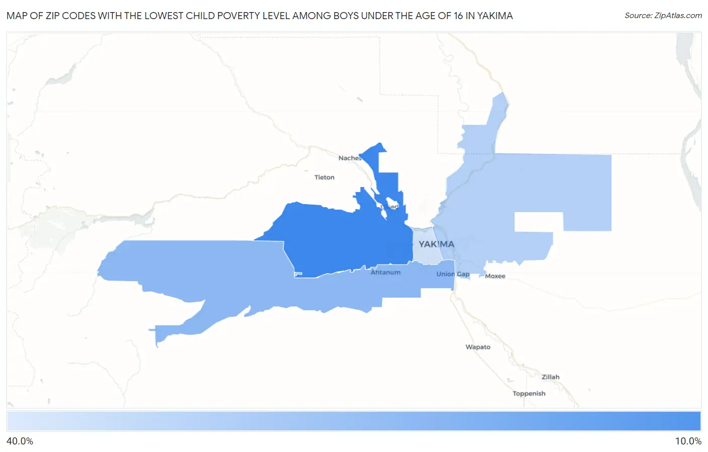 Zip Codes with the Lowest Child Poverty Level Among Boys Under the Age of 16 in Yakima Map