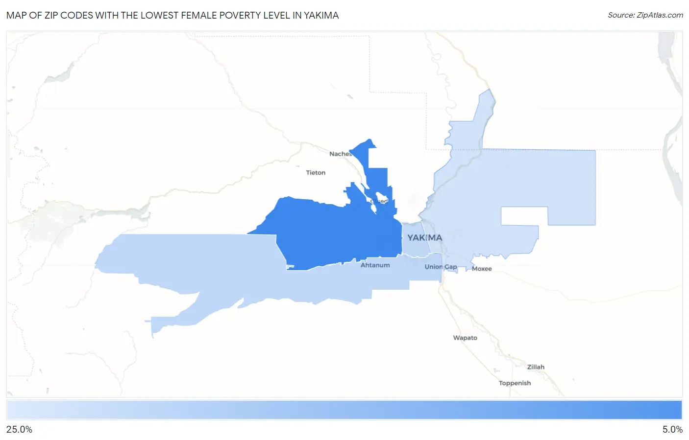 Zip Codes with the Lowest Female Poverty Level in Yakima Map