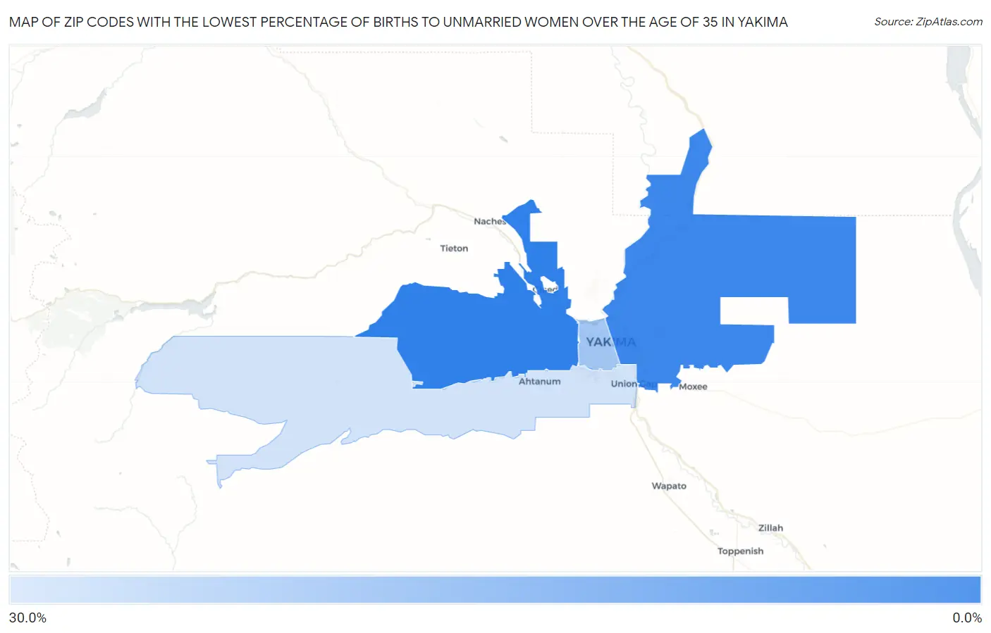 Zip Codes with the Lowest Percentage of Births to Unmarried Women over the Age of 35 in Yakima Map