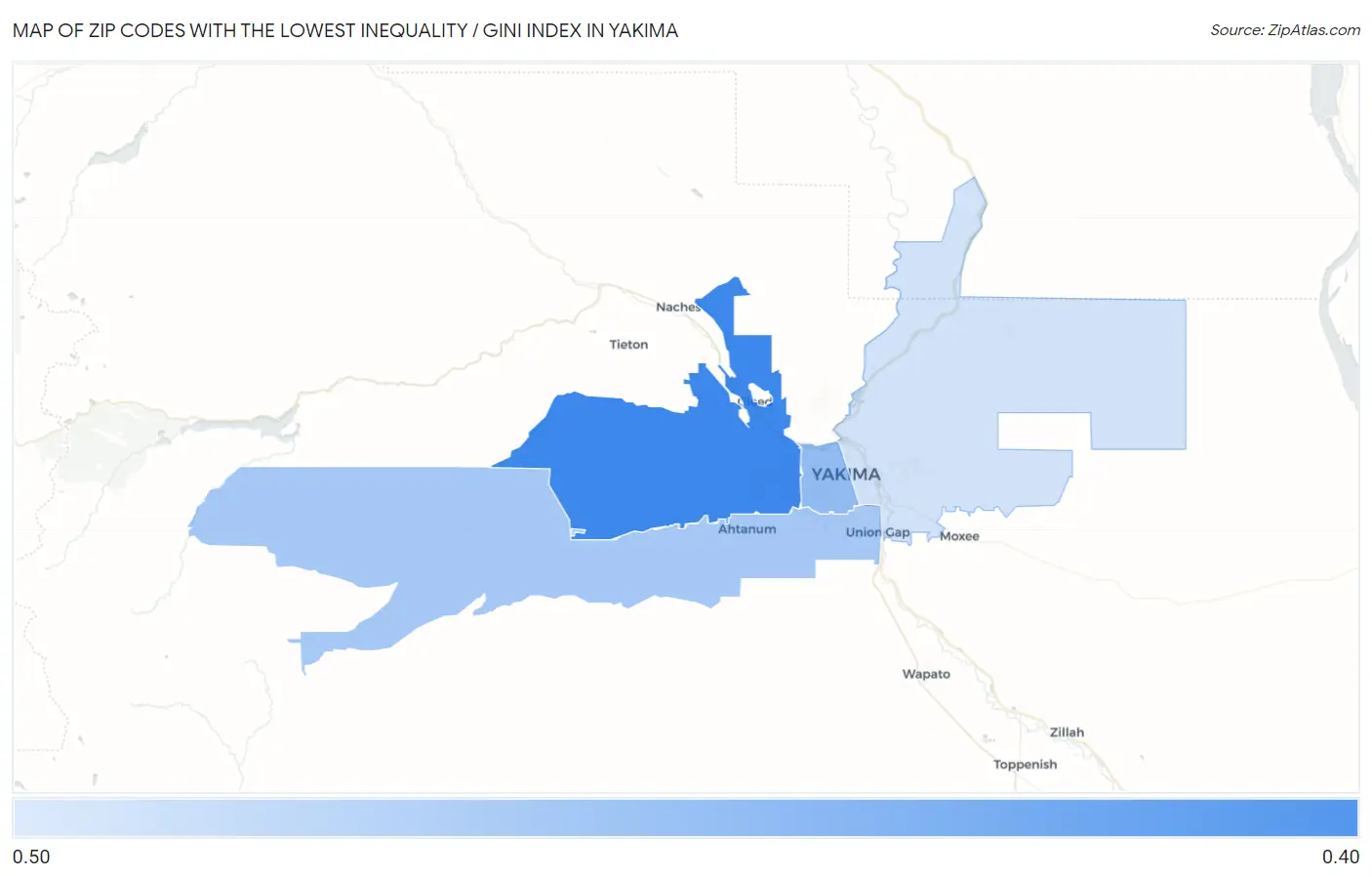 Zip Codes with the Lowest Inequality / Gini Index in Yakima Map