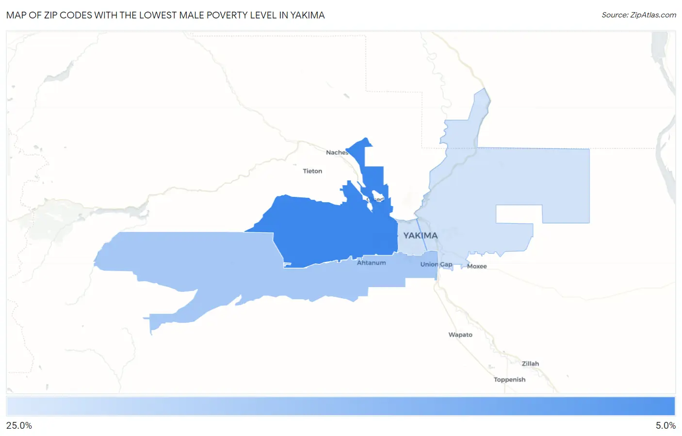 Zip Codes with the Lowest Male Poverty Level in Yakima Map