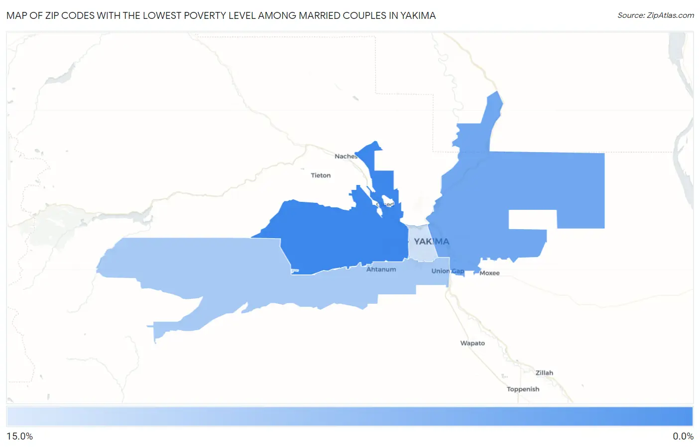 Zip Codes with the Lowest Poverty Level Among Married Couples in Yakima Map