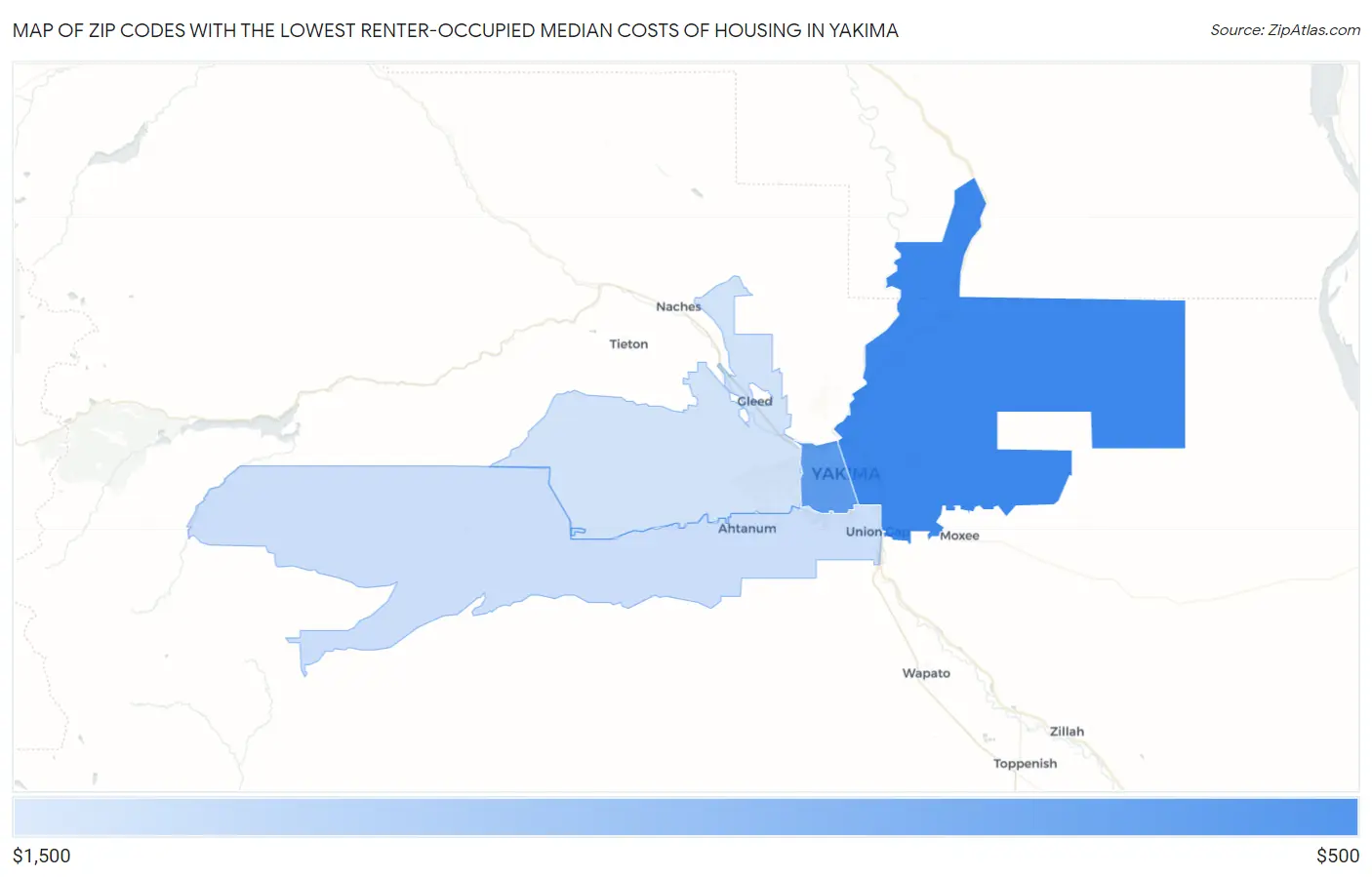 Zip Codes with the Lowest Renter-Occupied Median Costs of Housing in Yakima Map