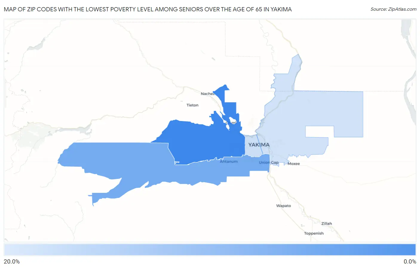 Zip Codes with the Lowest Poverty Level Among Seniors Over the Age of 65 in Yakima Map