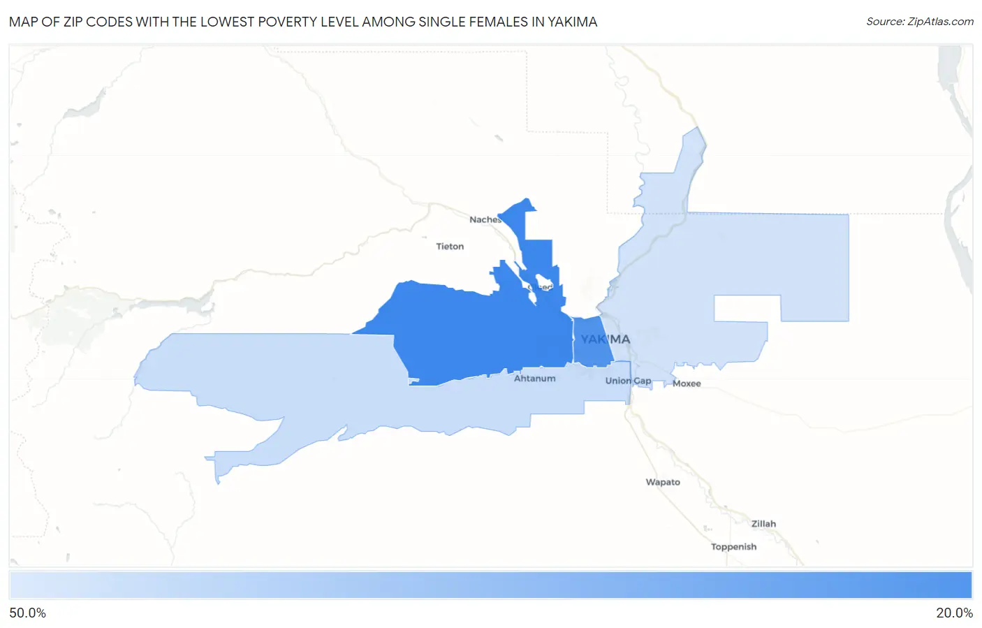 Zip Codes with the Lowest Poverty Level Among Single Females in Yakima Map