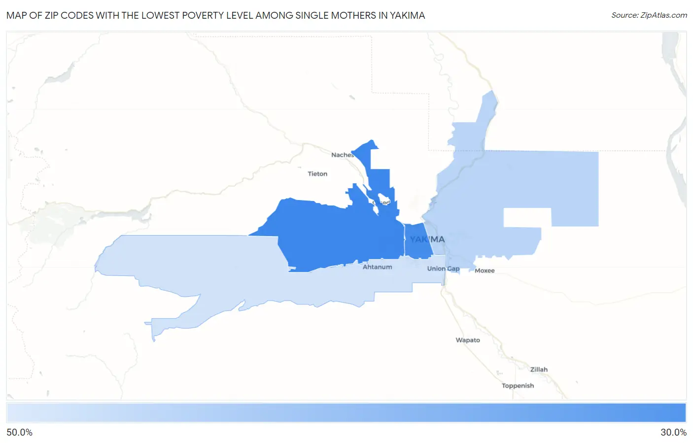 Zip Codes with the Lowest Poverty Level Among Single Mothers in Yakima Map