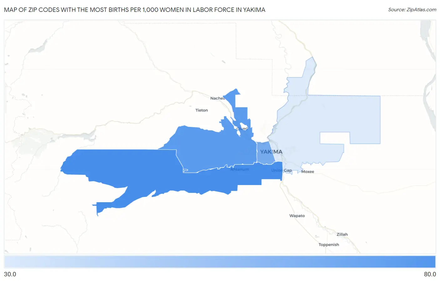 Zip Codes with the Most Births per 1,000 Women in Labor Force in Yakima Map