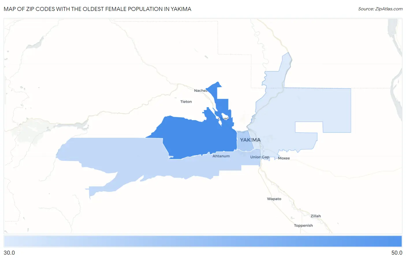 Zip Codes with the Oldest Female Population in Yakima Map