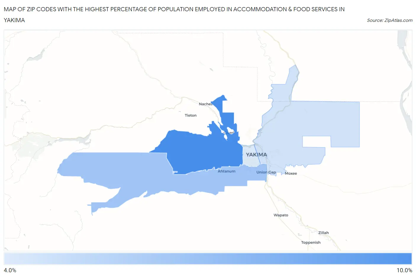 Zip Codes with the Highest Percentage of Population Employed in Accommodation & Food Services in Yakima Map