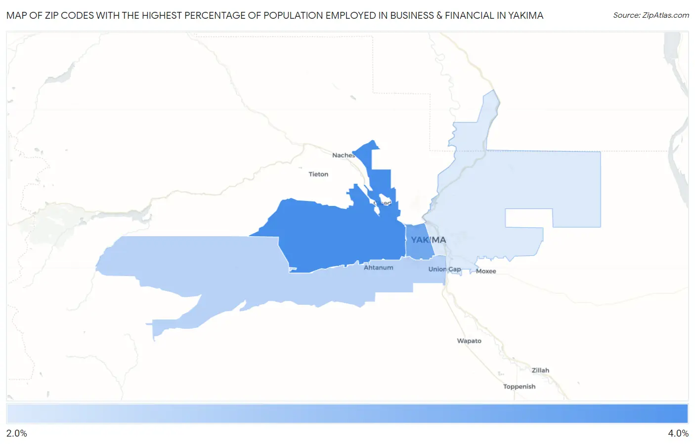 Zip Codes with the Highest Percentage of Population Employed in Business & Financial in Yakima Map