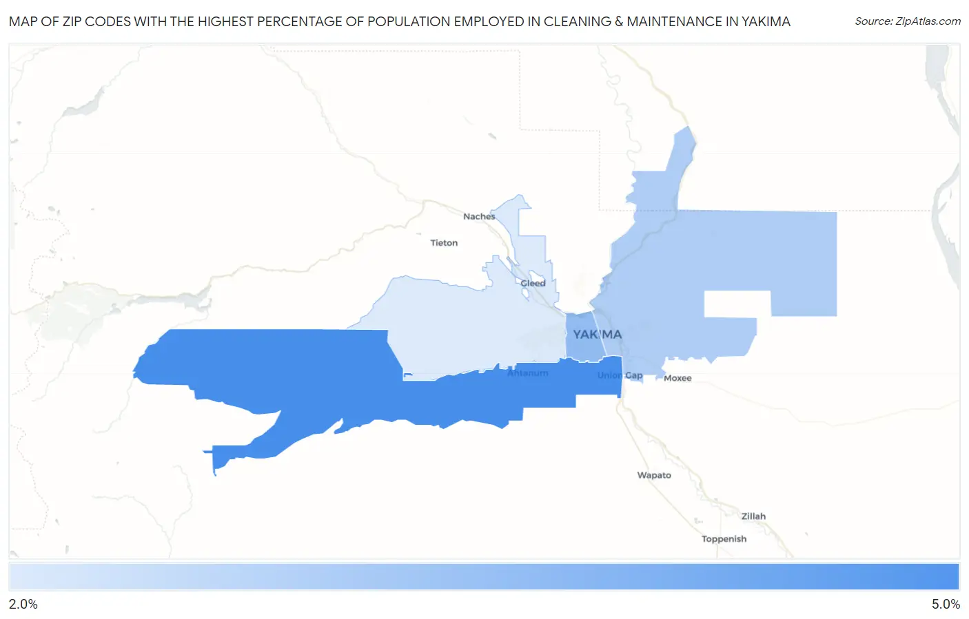 Zip Codes with the Highest Percentage of Population Employed in Cleaning & Maintenance in Yakima Map
