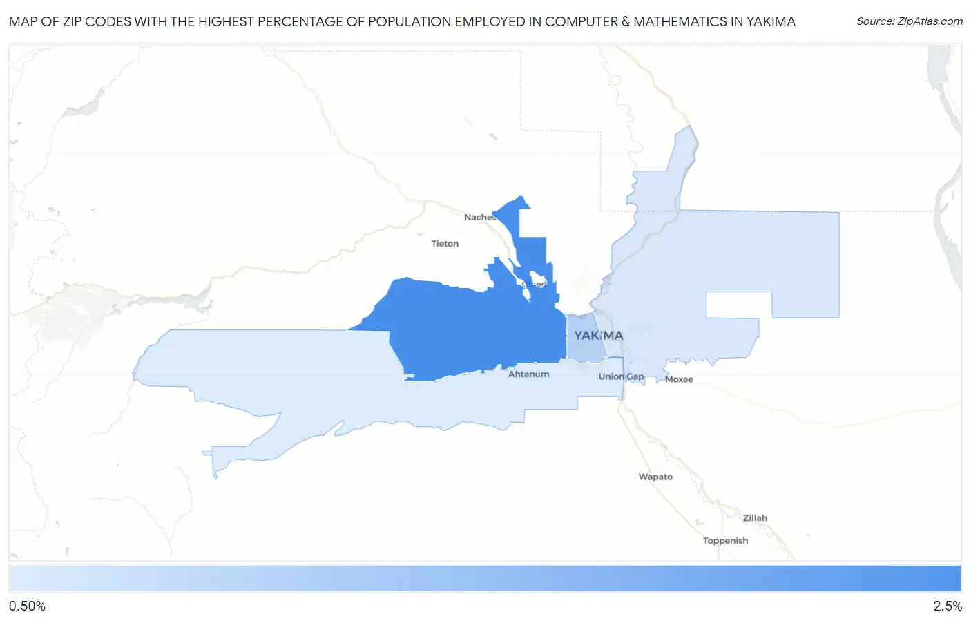 Zip Codes with the Highest Percentage of Population Employed in Computer & Mathematics in Yakima Map