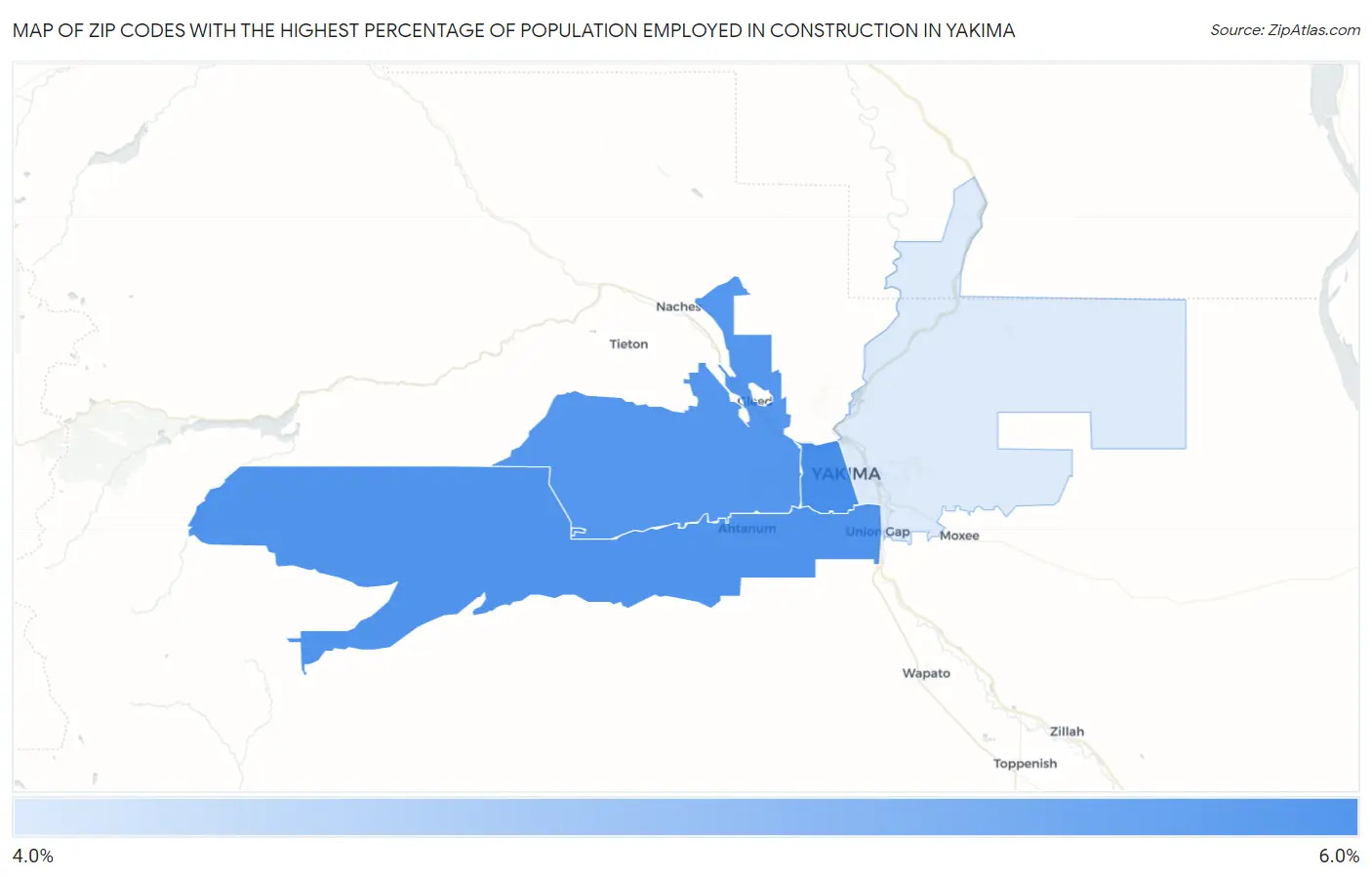 Zip Codes with the Highest Percentage of Population Employed in Construction in Yakima Map