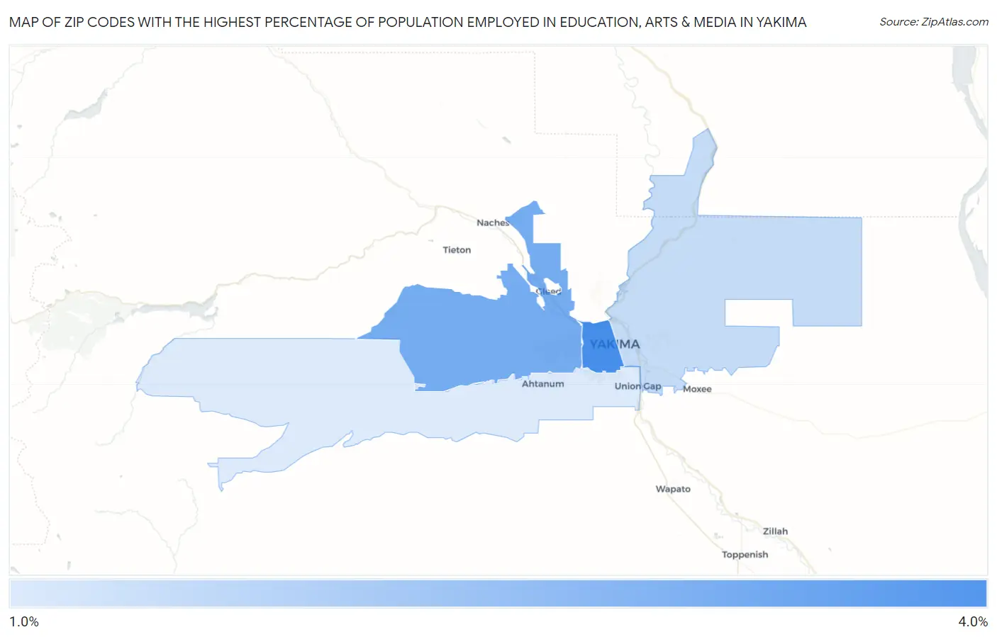 Zip Codes with the Highest Percentage of Population Employed in Education, Arts & Media in Yakima Map