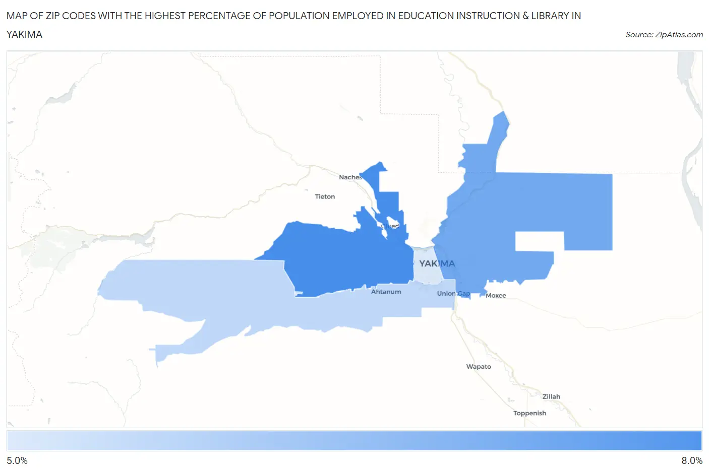 Zip Codes with the Highest Percentage of Population Employed in Education Instruction & Library in Yakima Map