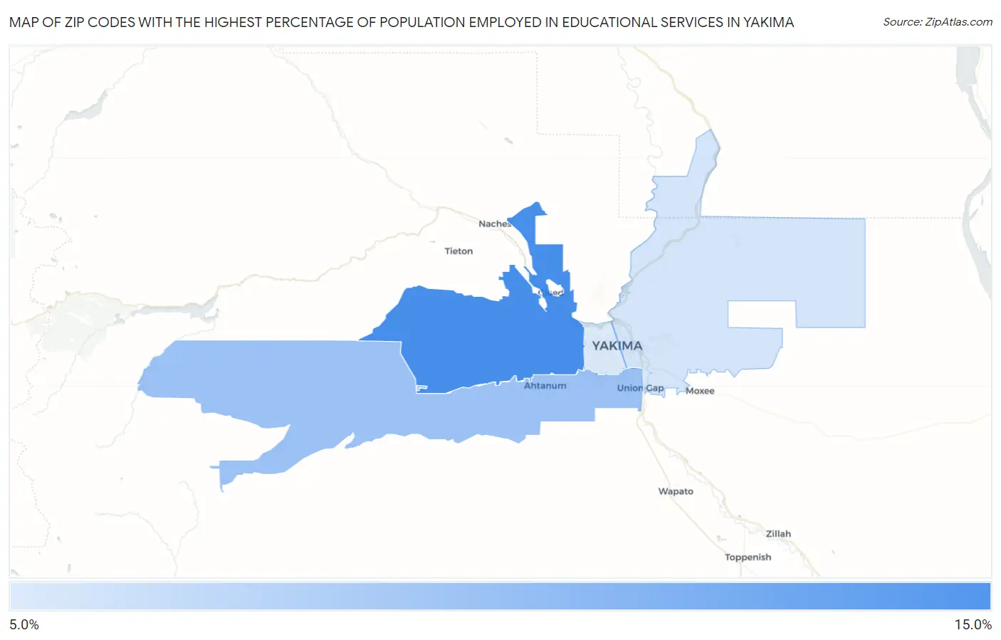 Zip Codes with the Highest Percentage of Population Employed in Educational Services in Yakima Map