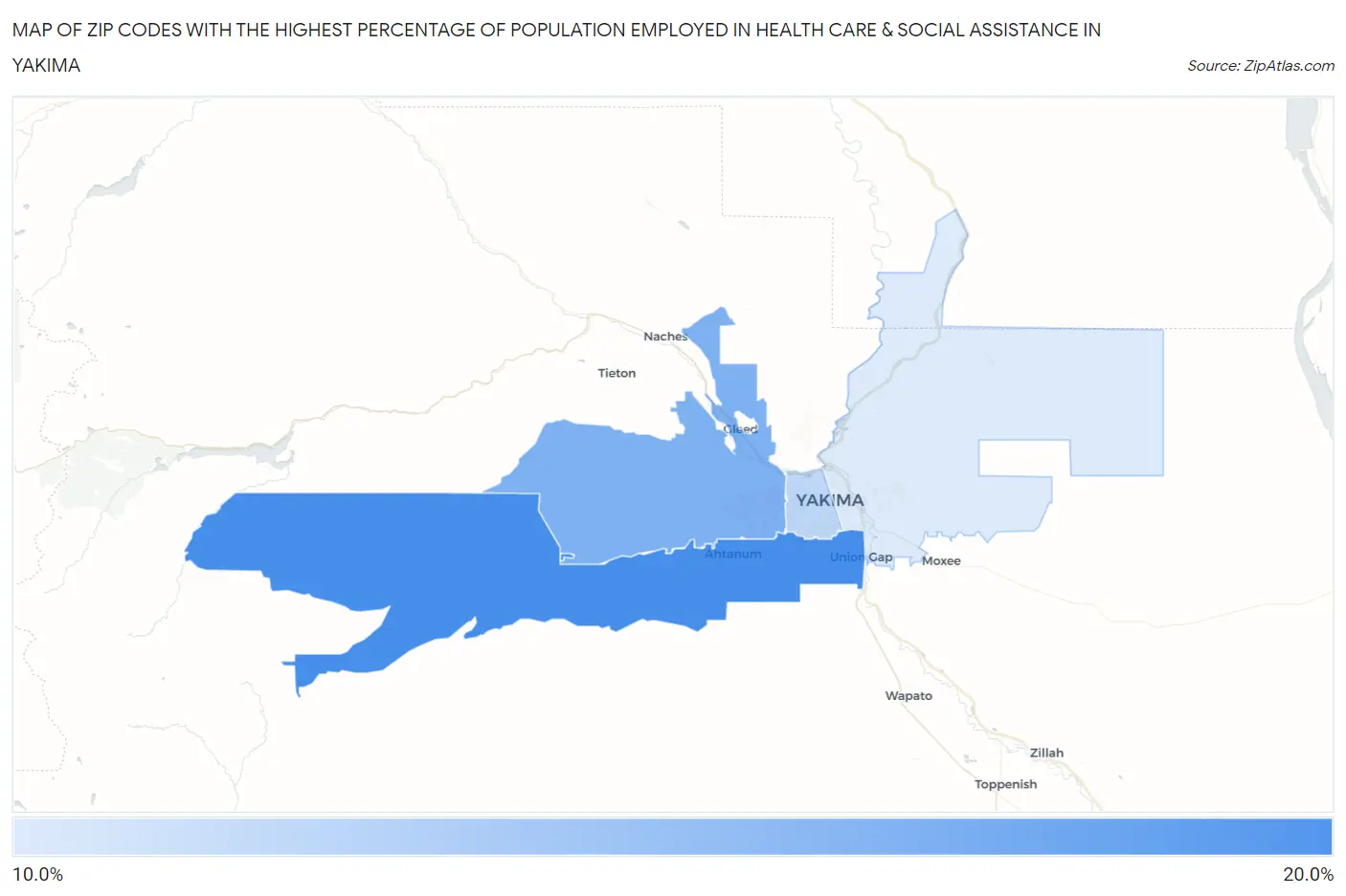 Zip Codes with the Highest Percentage of Population Employed in Health Care & Social Assistance in Yakima Map