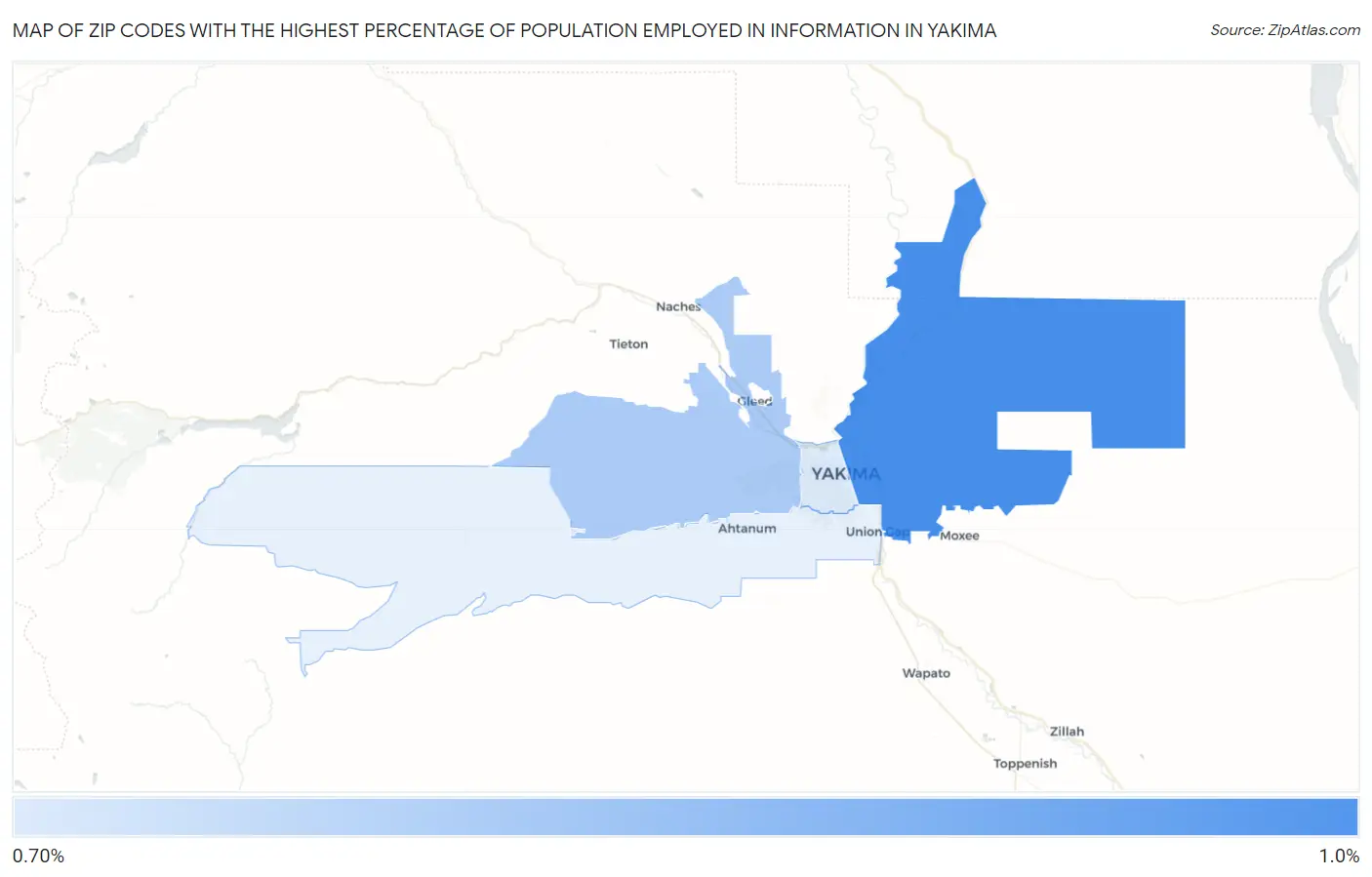 Zip Codes with the Highest Percentage of Population Employed in Information in Yakima Map