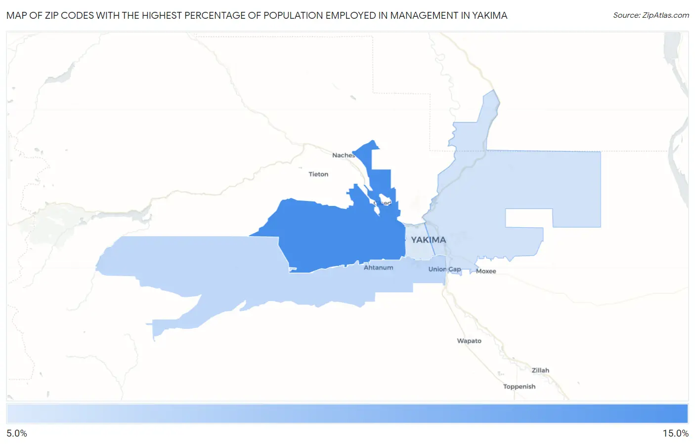 Zip Codes with the Highest Percentage of Population Employed in Management in Yakima Map