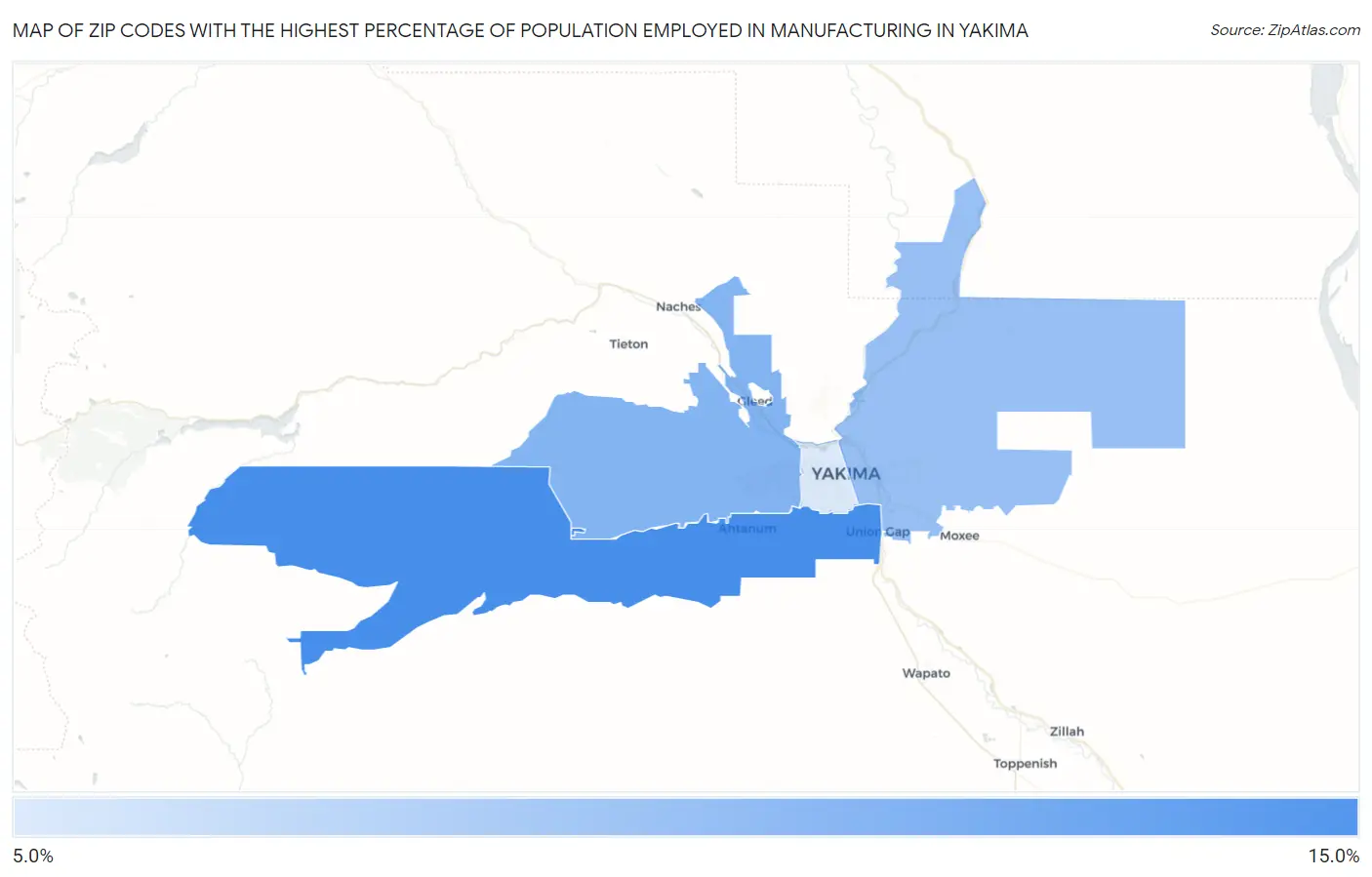 Zip Codes with the Highest Percentage of Population Employed in Manufacturing in Yakima Map