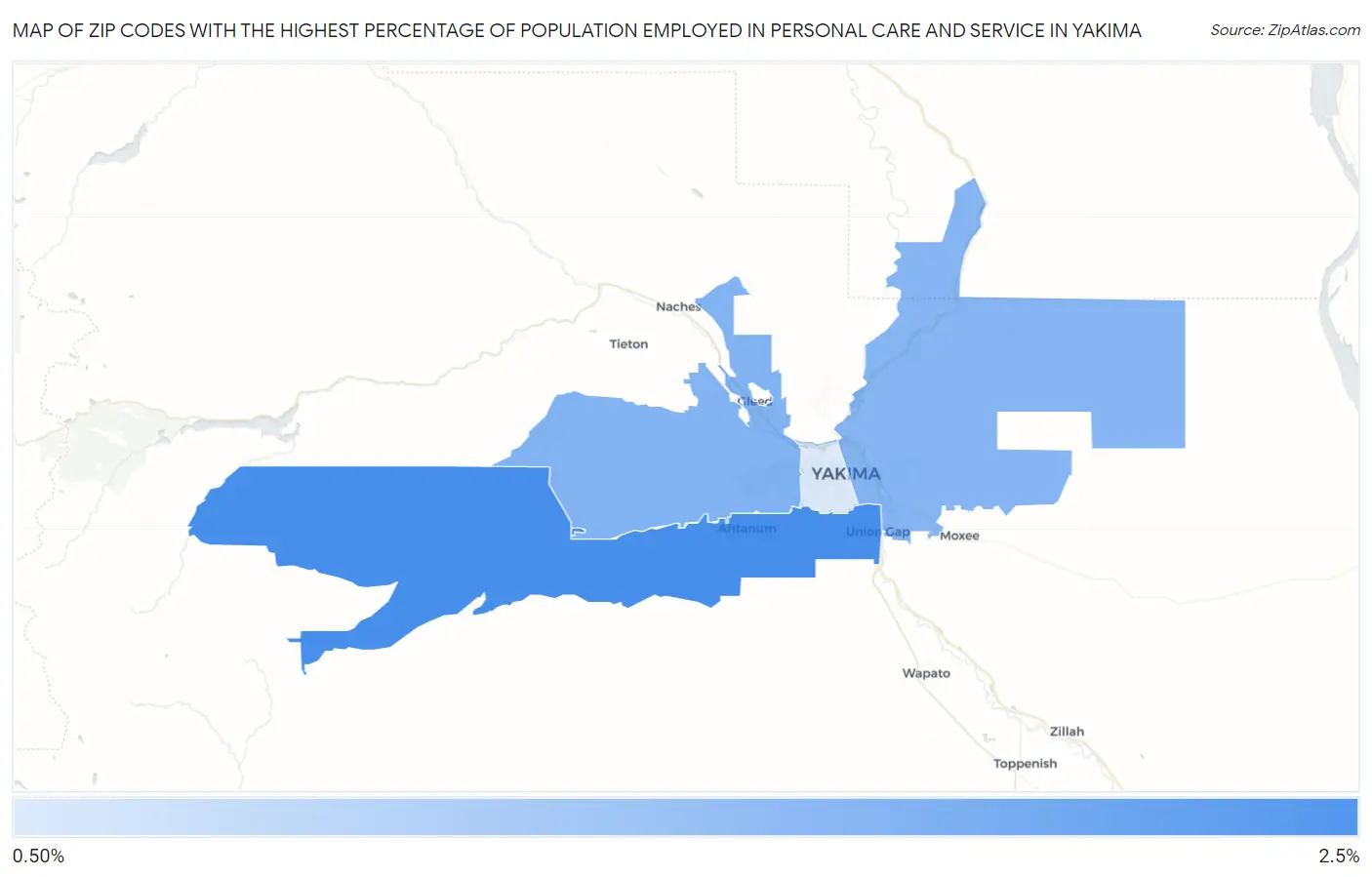 Zip Codes with the Highest Percentage of Population Employed in Personal Care and Service in Yakima Map