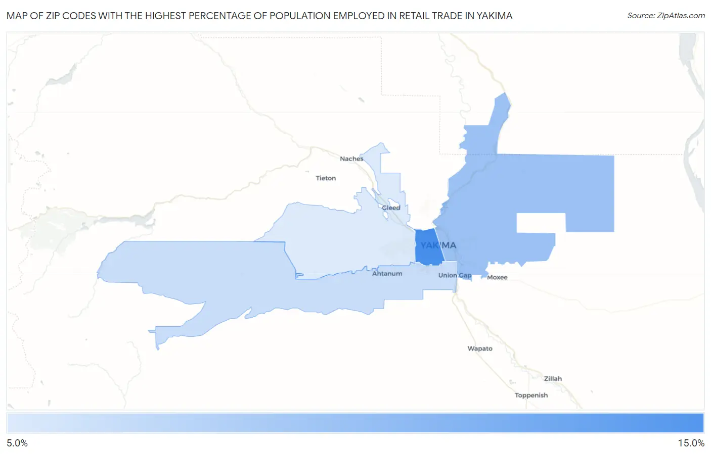 Zip Codes with the Highest Percentage of Population Employed in Retail Trade in Yakima Map