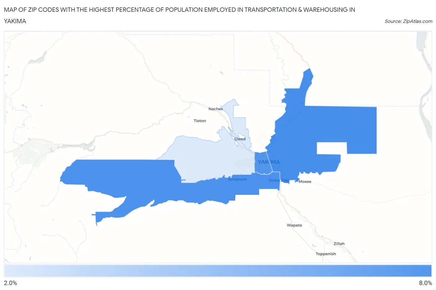 Zip Codes with the Highest Percentage of Population Employed in Transportation & Warehousing in Yakima Map