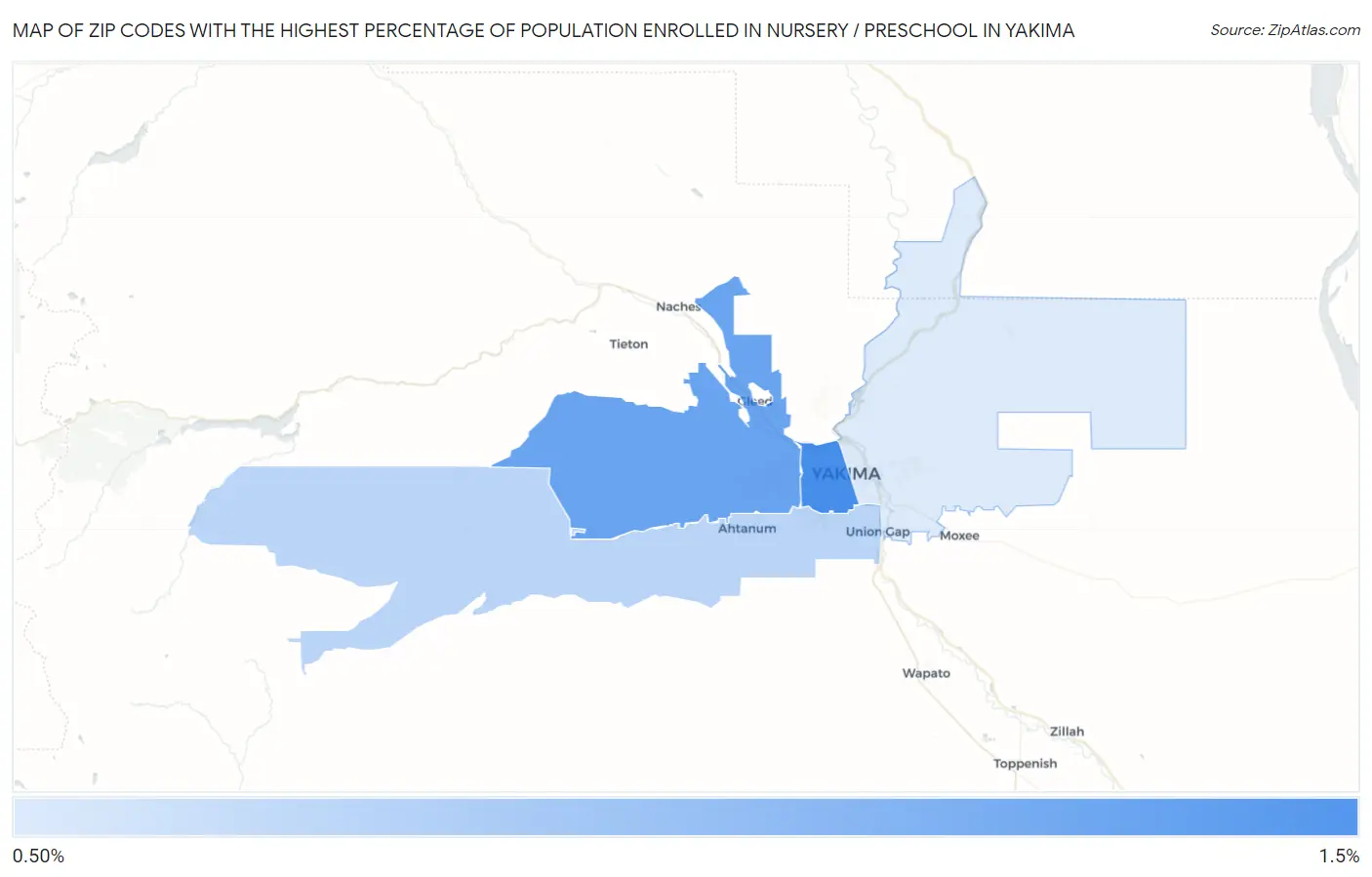 Zip Codes with the Highest Percentage of Population Enrolled in Nursery / Preschool in Yakima Map