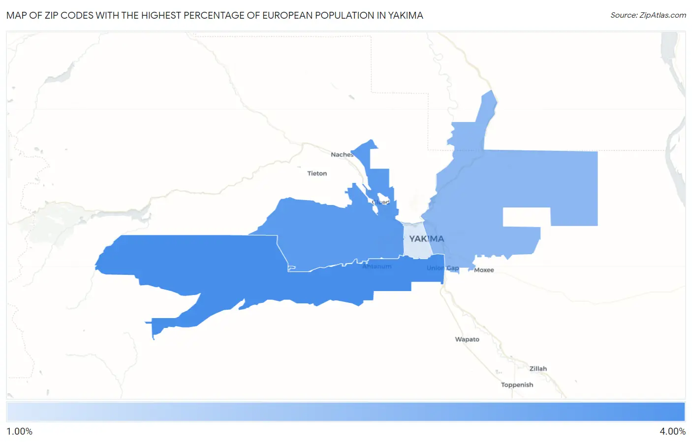 Zip Codes with the Highest Percentage of European Population in Yakima Map