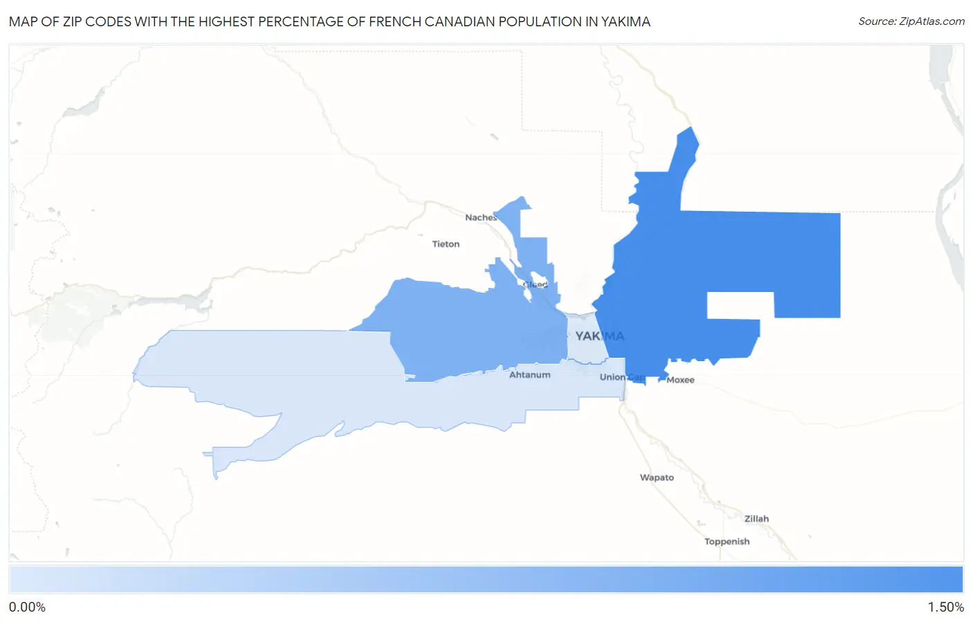 Zip Codes with the Highest Percentage of French Canadian Population in Yakima Map