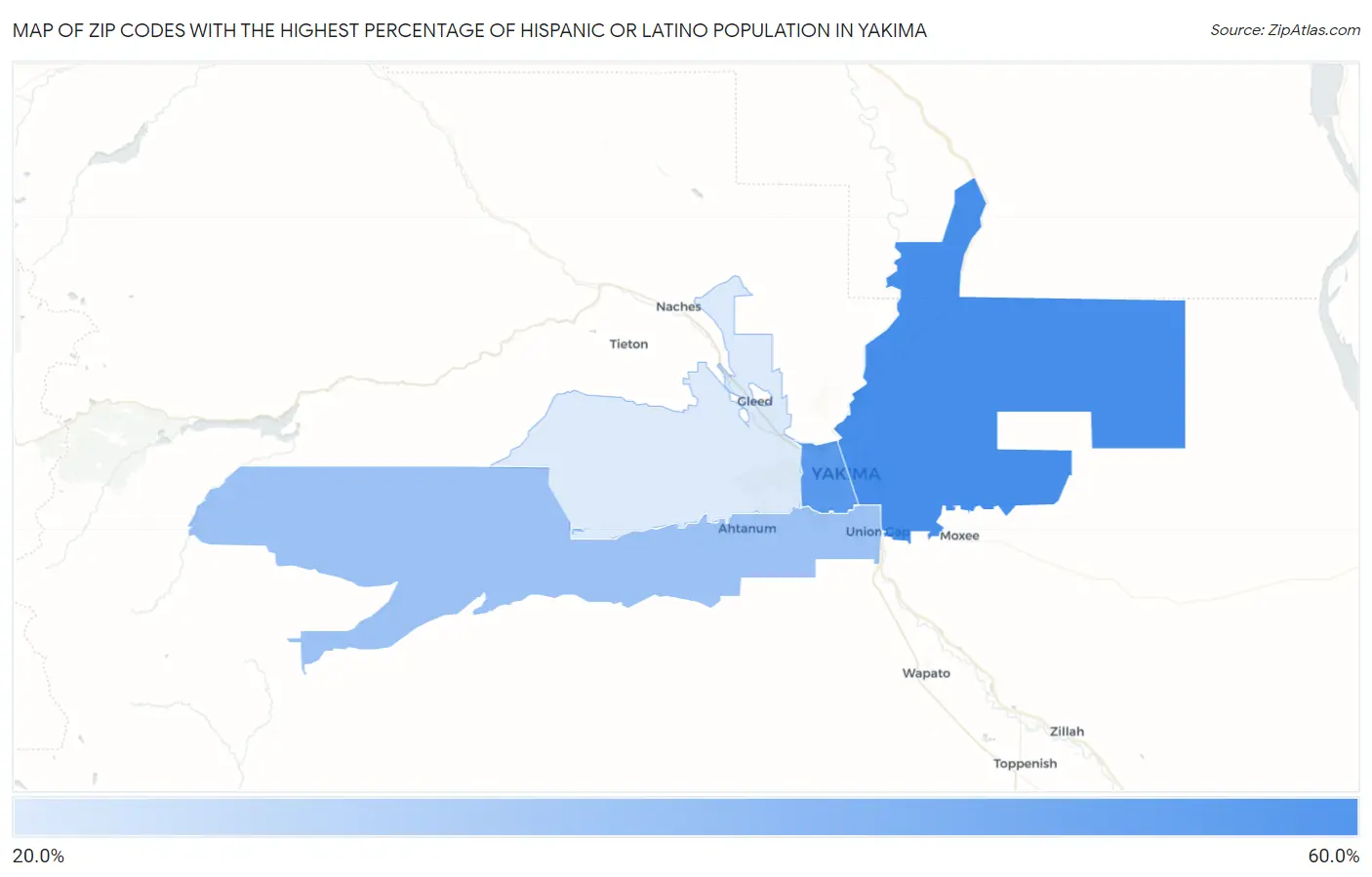 Zip Codes with the Highest Percentage of Hispanic or Latino Population in Yakima Map