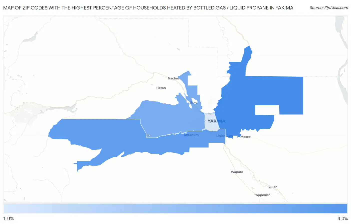 Zip Codes with the Highest Percentage of Households Heated by Bottled Gas / Liquid Propane in Yakima Map