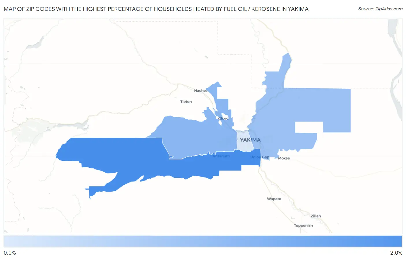 Zip Codes with the Highest Percentage of Households Heated by Fuel Oil / Kerosene in Yakima Map