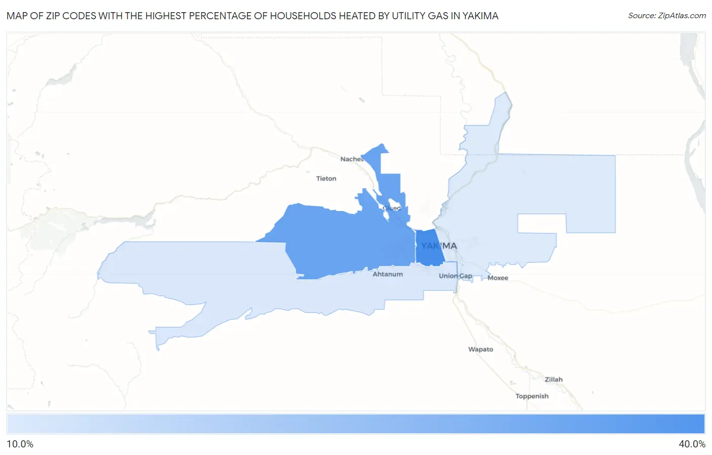 Zip Codes with the Highest Percentage of Households Heated by Utility Gas in Yakima Map