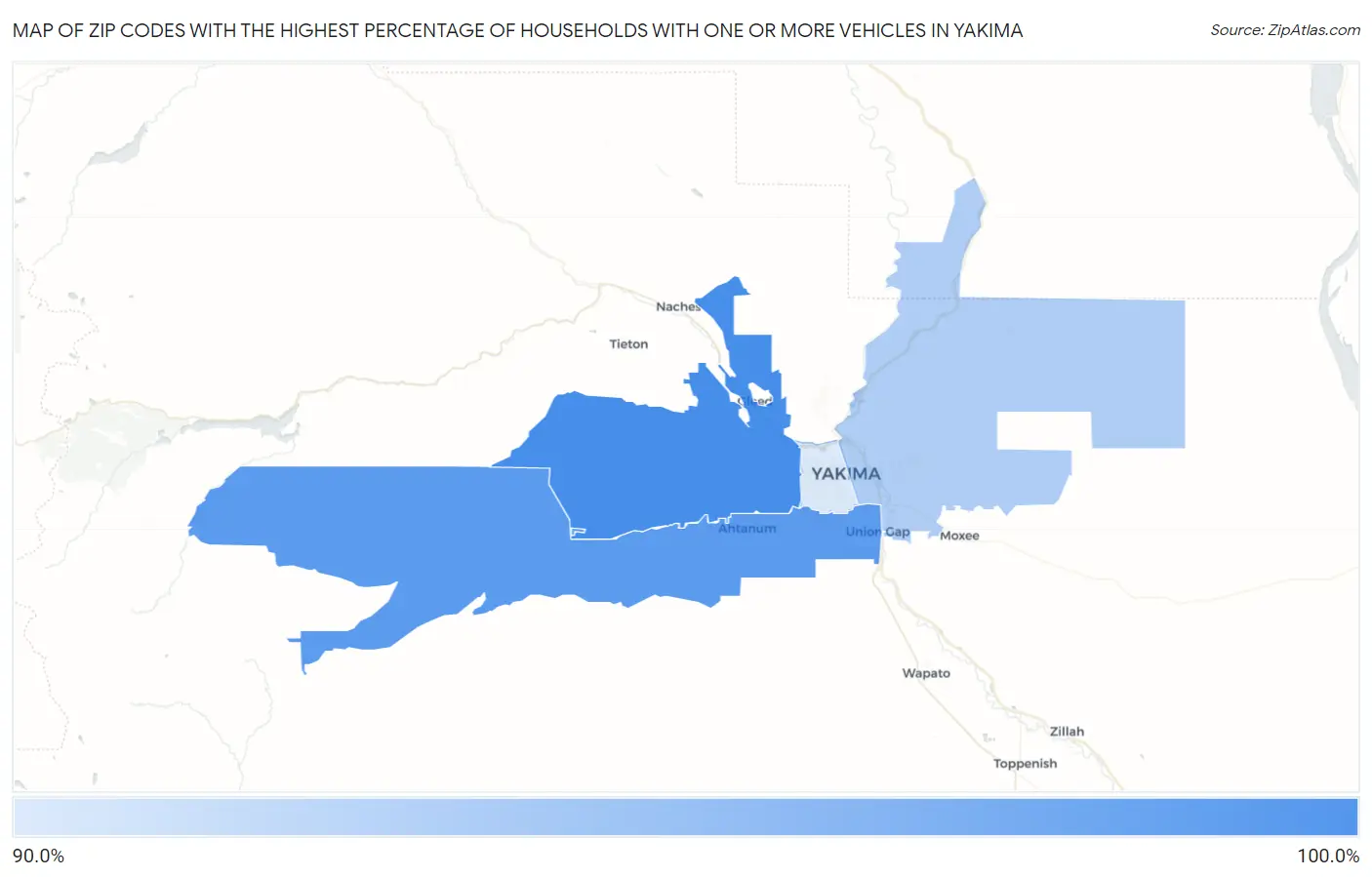 Zip Codes with the Highest Percentage of Households With One or more Vehicles in Yakima Map