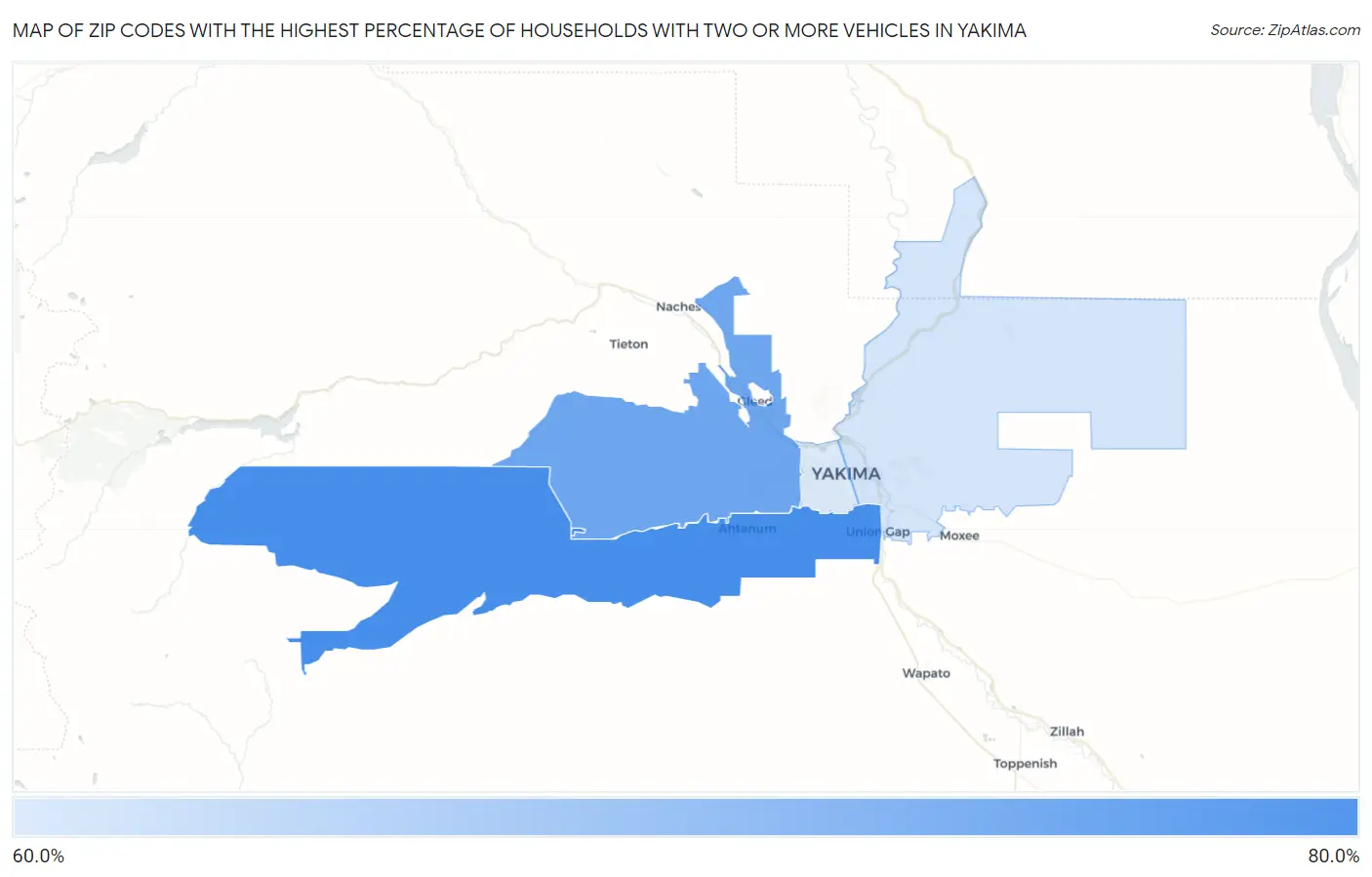 Zip Codes with the Highest Percentage of Households With Two or more Vehicles in Yakima Map