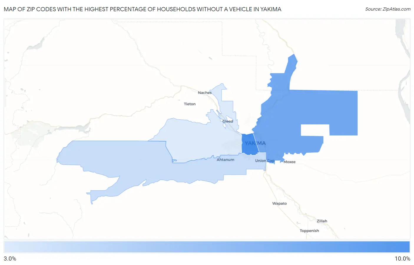 Zip Codes with the Highest Percentage of Households Without a Vehicle in Yakima Map