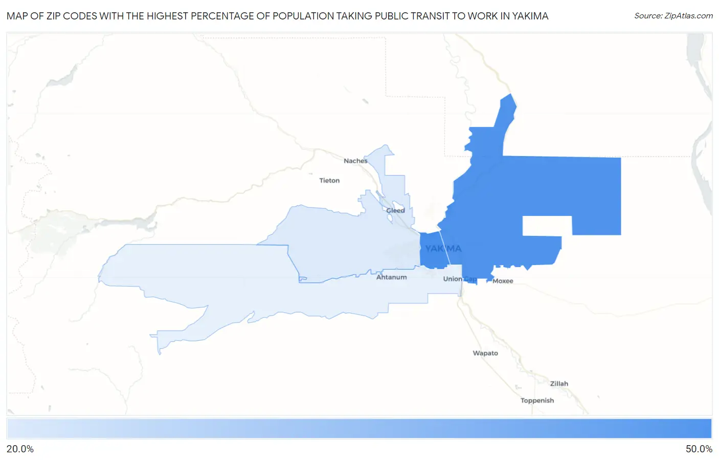 Zip Codes with the Highest Percentage of Population Taking Public Transit to Work in Yakima Map