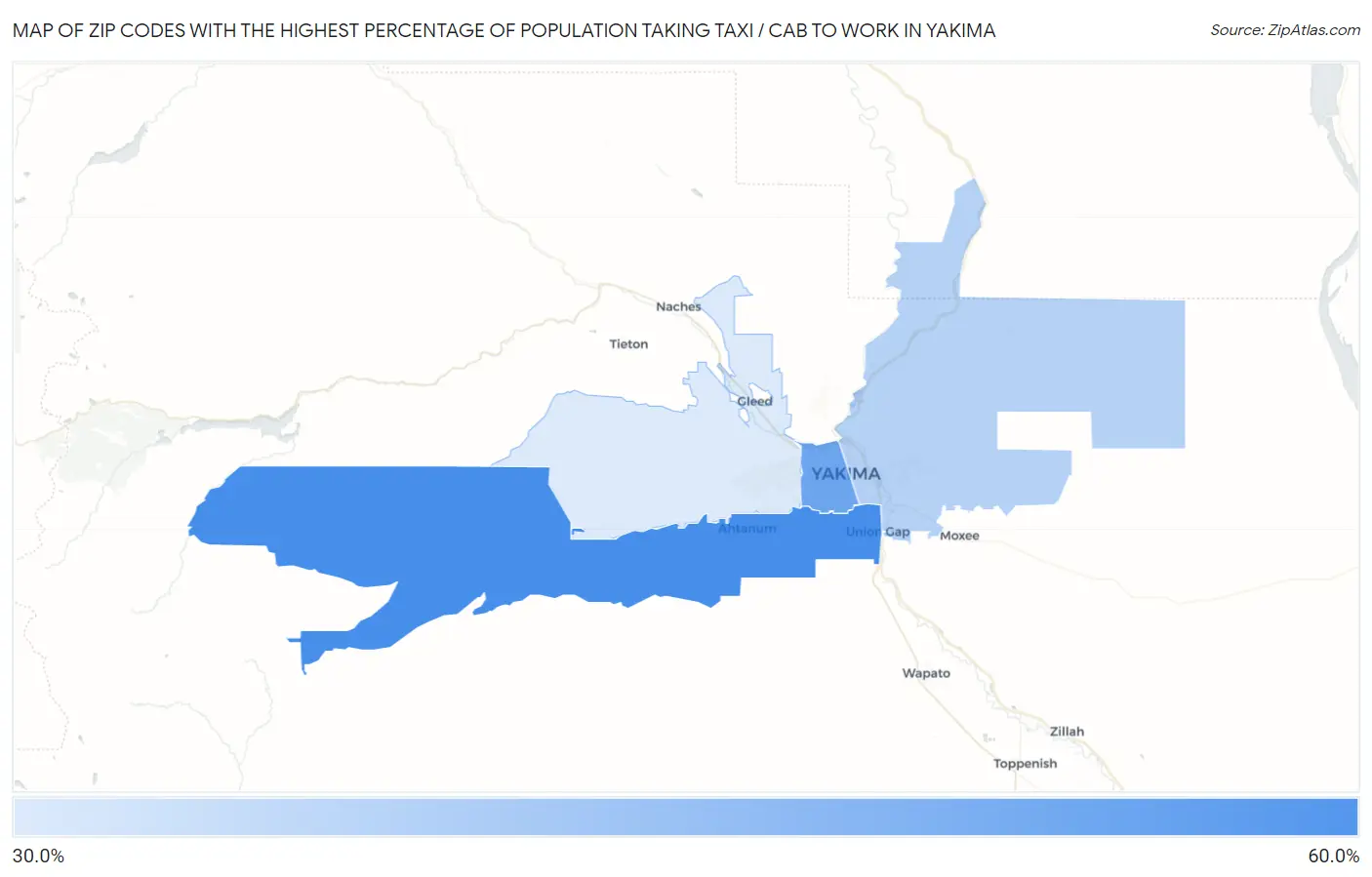 Zip Codes with the Highest Percentage of Population Taking Taxi / Cab to Work in Yakima Map